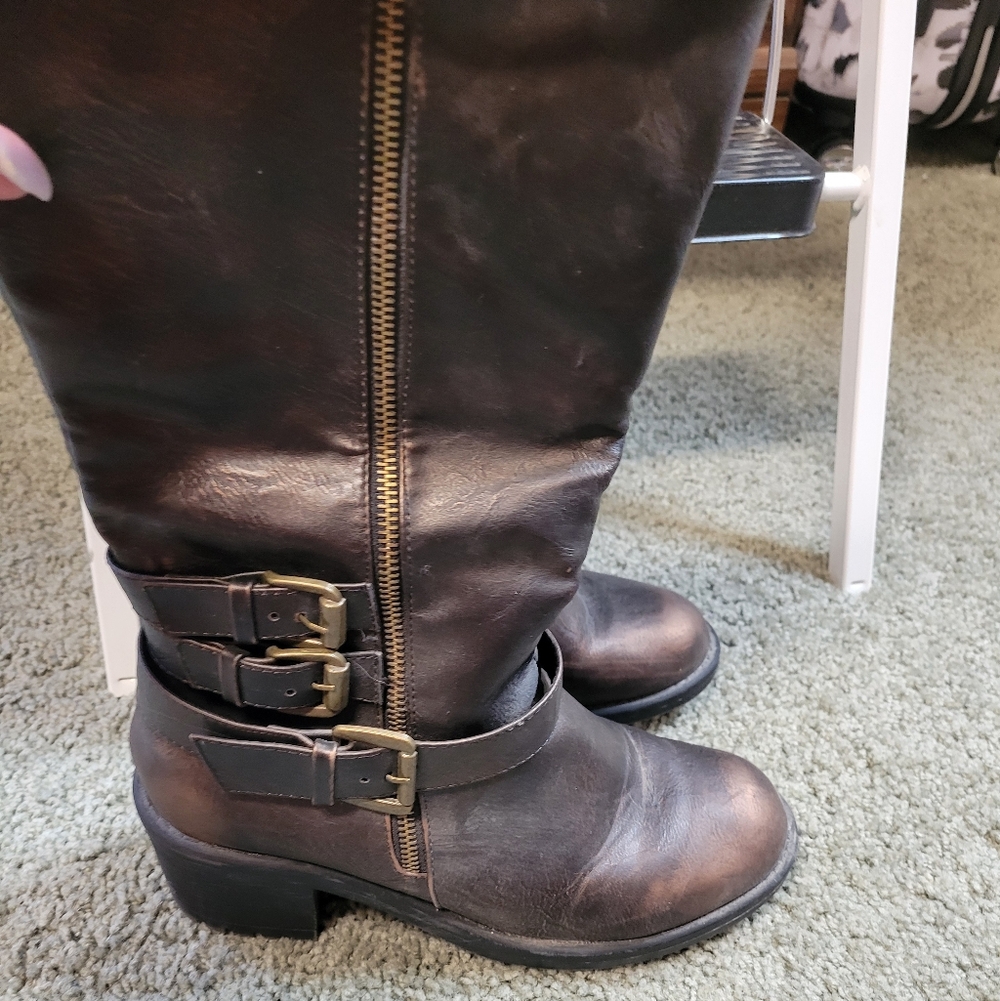 Women's Mid-Calf Buckle Leather Boots - Dark Brown/ Copper